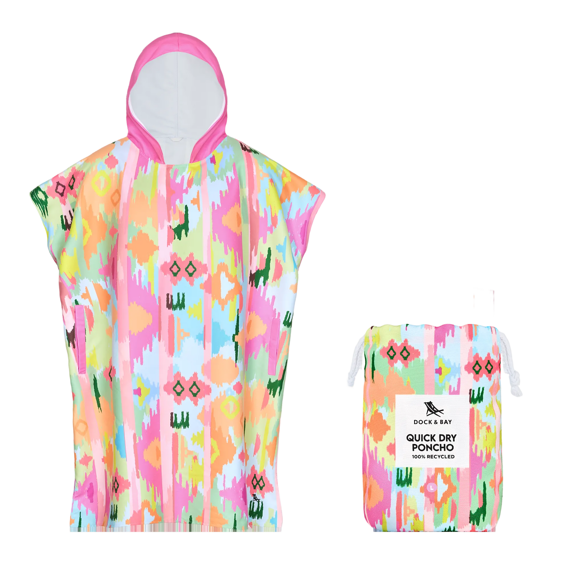 Colorful quick dry poncho with matching pouch on a white background